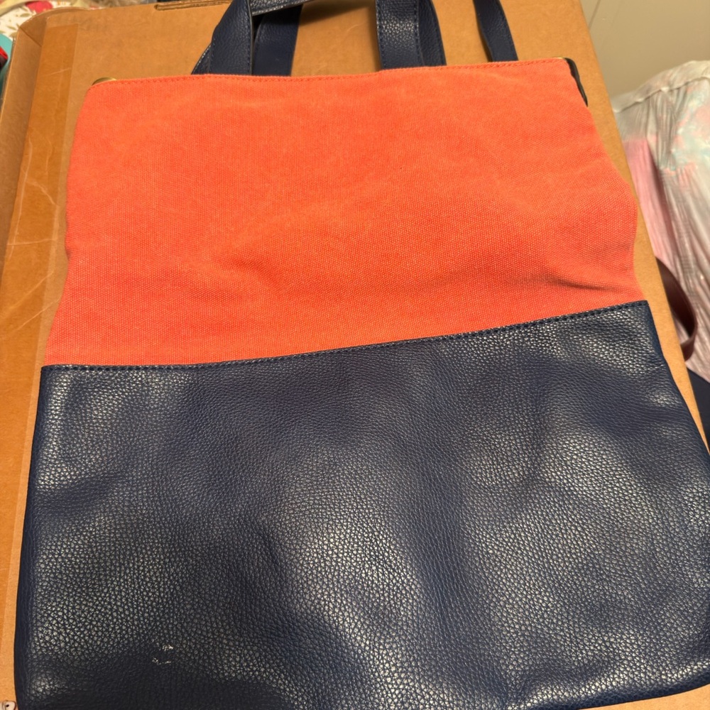 Fold Over Convertible Two-Tone Tote Bag in Coral and Navy